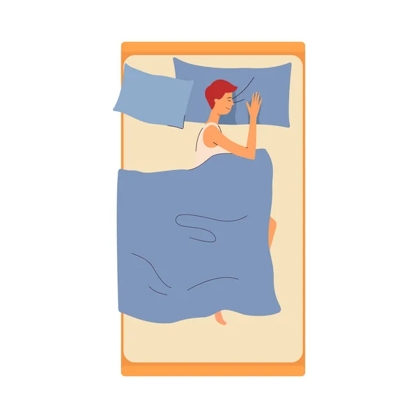 Νεαρός άνδρας κοιμάται ξεκούραστος στο κρεβάτι, επίπεδη διανυσματική απεικόνιση απομονωμένη σε λευκό. — Διανυσματικό Αρχείο