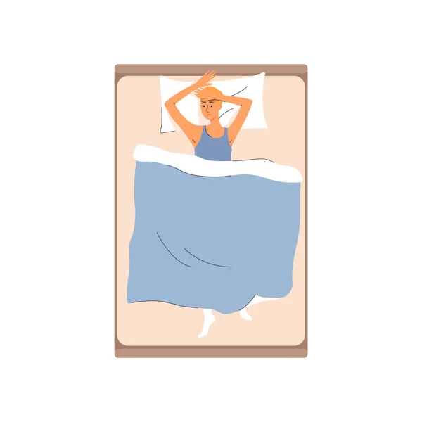 Tired man lying in bed suffers from insomnia and trying to sleep at night. — Stock Vector