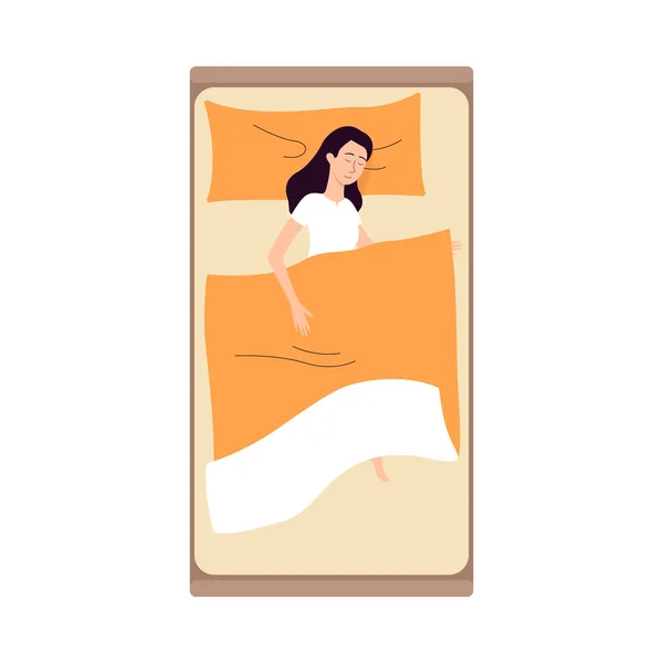 Vista superior de la mujer joven superar el insomnio dormir en la cama en la almohada debajo de la manta — Archivo Imágenes Vectoriales