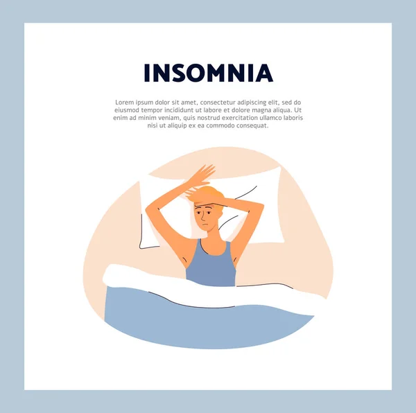 Schlaflosigkeit und Schlaflosigkeit Banner mit Mann im Bett, flache Vektorillustration. — Stockvektor