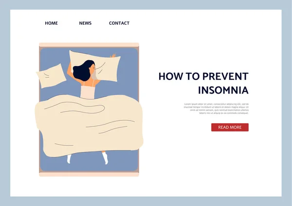 Αϋπνία πρόληψη με τη γυναίκα πάσχει από έλλειψη ύπνου, διανυσματική απεικόνιση. — Διανυσματικό Αρχείο