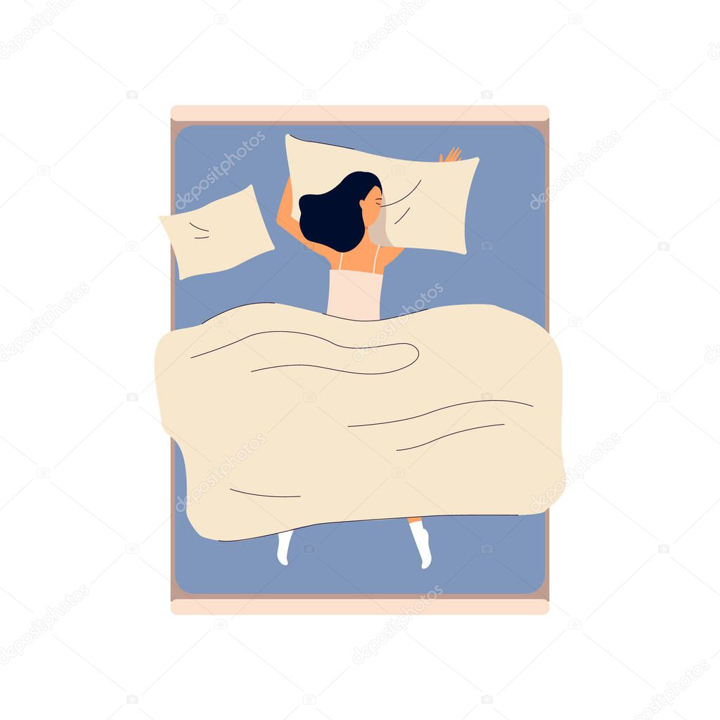 Sleeping woman laying in bed under blanket, flat vector illustration isolated.