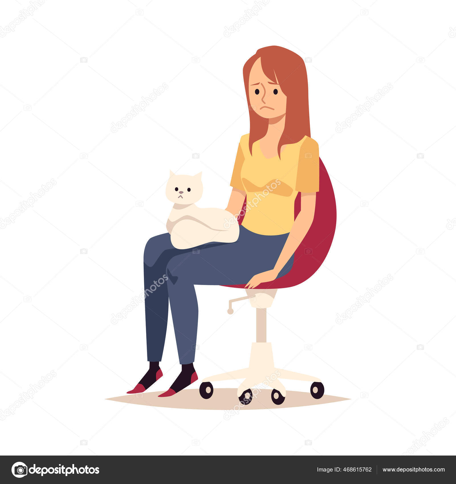 Um desenho animado de uma garota sentada em um sofá com um gato