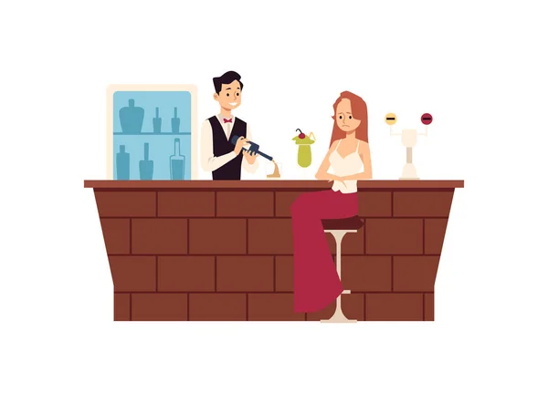Ensamt upprörd kvinna sitter vid bardisken och dricker platt vektor illustration. — Stock vektor
