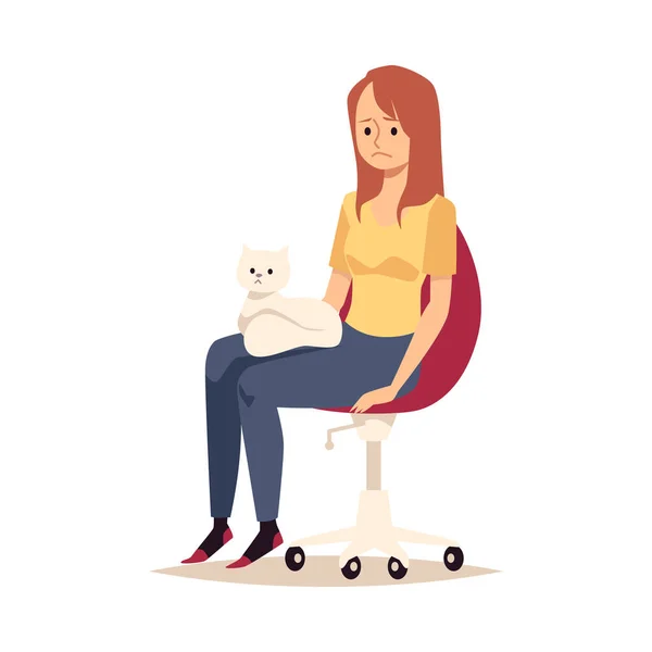 Lonely, sad girl is sitting with cat on lap feeling stress and depression. — Stock Vector