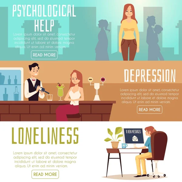 Ensemble de bannières pour l'aide psychologique aux femmes, illustration vectorielle plate. — Image vectorielle