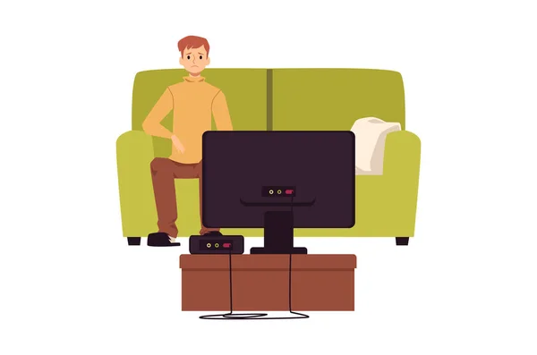 Μοναχικός δυστυχισμένος άνθρωπος που κάθεται μπροστά στην τηλεόραση, επίπεδη διανυσματική απεικόνιση απομονωμένη. — Διανυσματικό Αρχείο