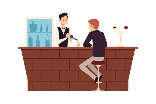 Homem triste na solidão sentado no balcão do bar e beber bebidas alcoólicas — Vetor de Stock