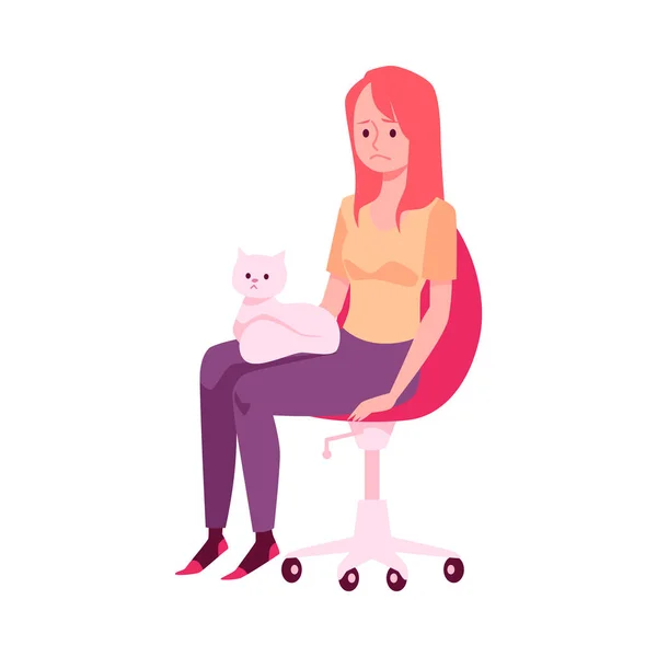 Sandalyede oturan üzgün yalnız kadın. Kedi düz vektör çizimi izole edilmiş.. — Stok Vektör