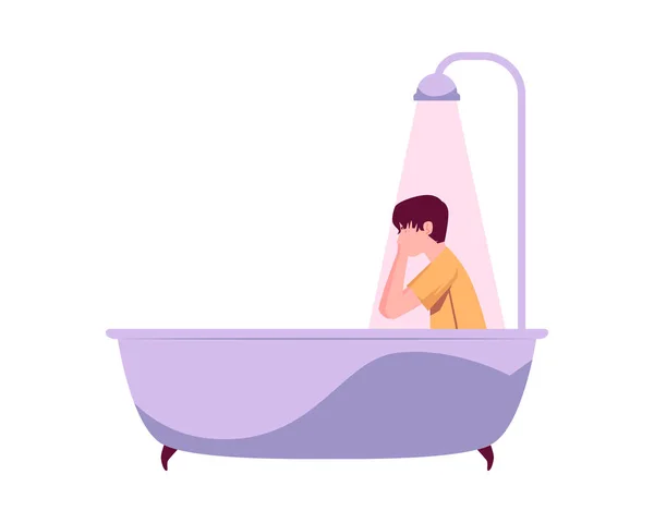 Einsam depressiv gekleideter Mann in einer Badewanne, flache Vektordarstellung isoliert. — Stockvektor