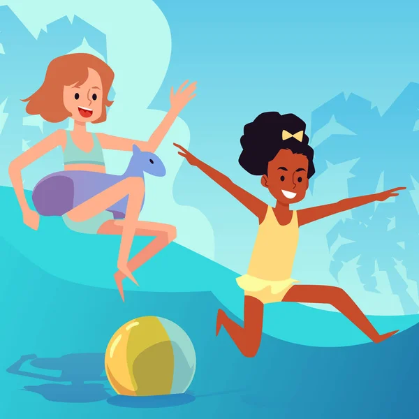Feliz diversión niñas en la playa de mar en verano vacaciones o vacaciones de temporada caliente. — Archivo Imágenes Vectoriales