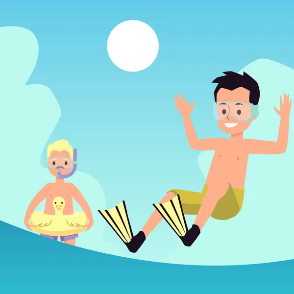 Banner con niños felices divirtiéndose en la playa del mar, ilustración plana del vector. — Vector de stock