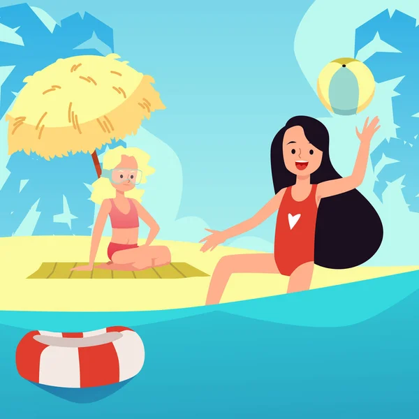 Två små flickor vid havet simma och sola, platt vektor illustration. — Stock vektor