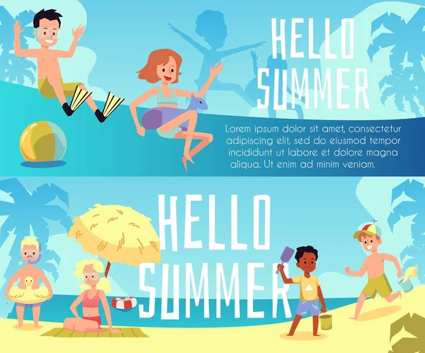 Establecer pancartas con los niños en vacaciones de playa de verano, ilustración de vector plano. — Vector de stock