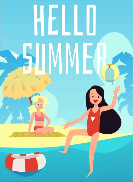 Hola banner de verano con niños divirtiéndose por el mar, ilustración de vectores planos. — Archivo Imágenes Vectoriales
