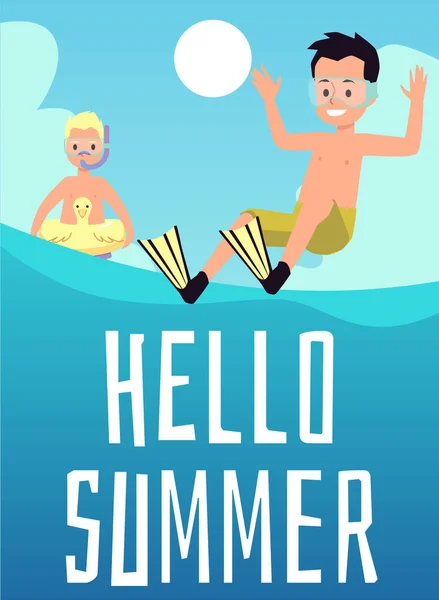 Hej sommar banner med roliga barn på havet semester, platt vektor illustration. — Stock vektor