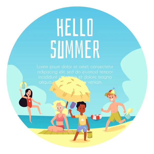 Привет баннер летнего круга с детьми на берегу моря, плоские векторные иллюстрации. — стоковый вектор