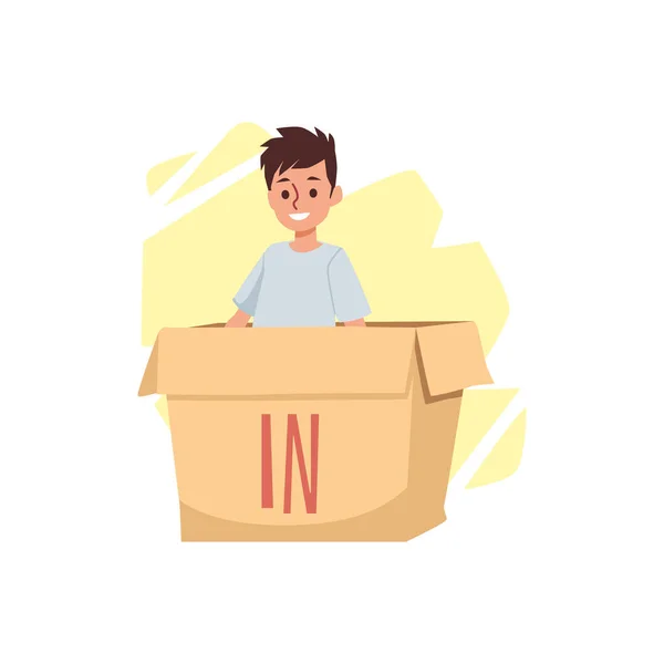 Dziecko w pudełku z pisemnym przyimkiem W, płaski wektor ilustracji izolowane. — Wektor stockowy