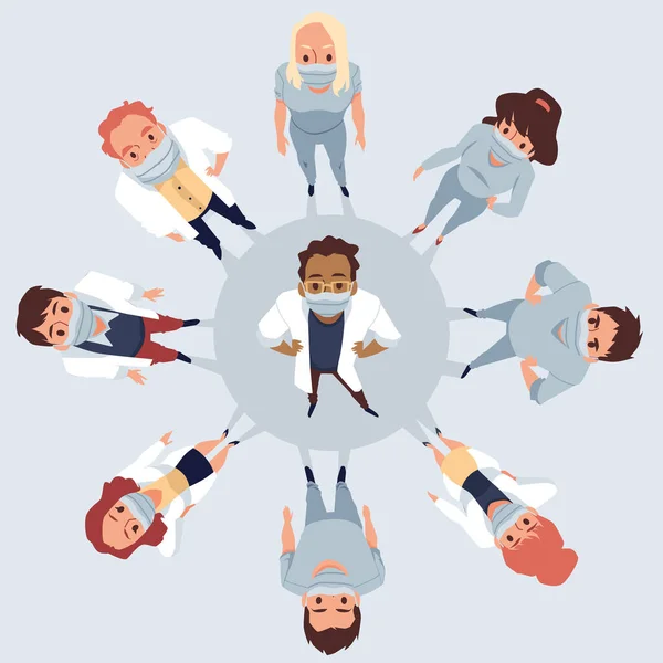 Top view on doctors in medical masks looking up, flat vector illustration. — Stock Vector