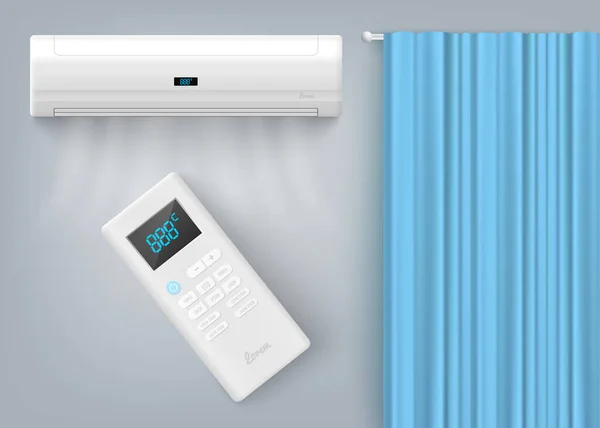 Condizionatore d'aria a parete con telecomando, illustrazione vettoriale realistica. — Vettoriale Stock