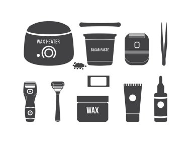 Vector set black silhouettes of accessories for shaving and hair removal. clipart