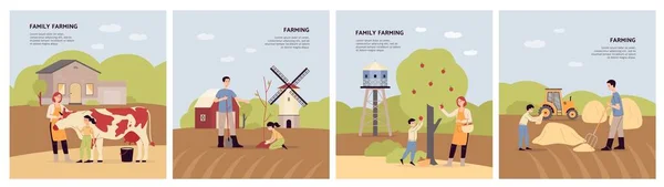 Семейный набор баннеров с людьми на ферме, плоские векторные иллюстрации. — стоковый вектор