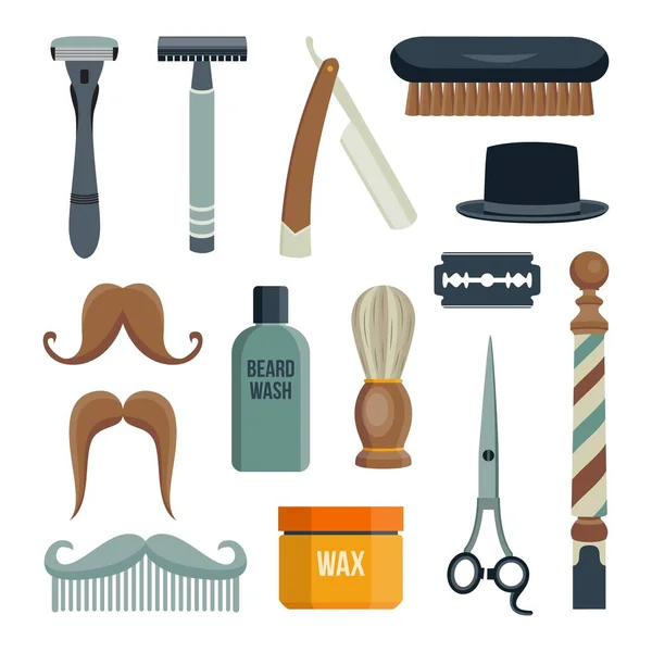 Set traditioneller Werkzeuge Friseur für die tägliche Hygiene und Pflege von Haaren, Bart und Schnurrbart in männlichen Friseursalons. — Stockvektor
