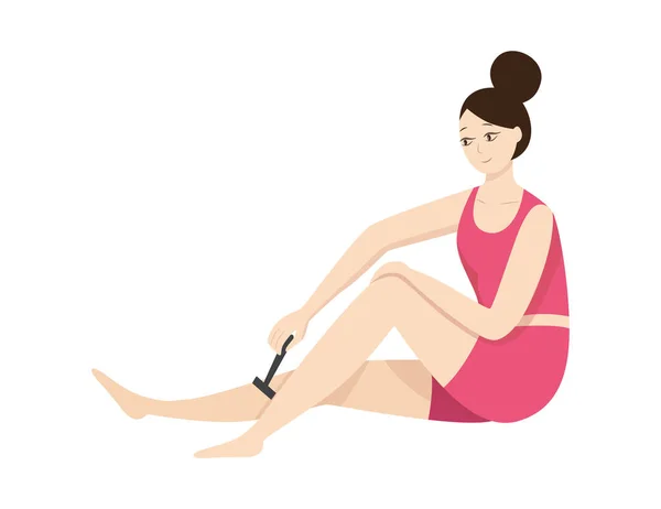 Genç bir kadın bacaklarını tıraş ederken jiletle düz bir vektör çizimi yapıyor.. — Stok Vektör