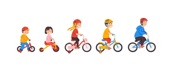 Crianças de diferentes idades andar de bicicleta, desenho animado ilustração vetorial isolado. — Vetor de Stock