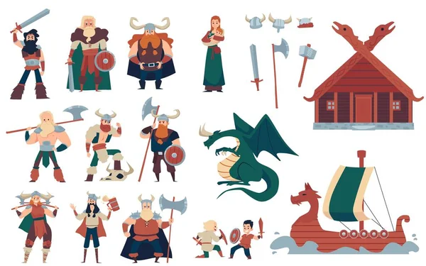 Guerreiros vikings com arma um vetor isolado ilustrações escandinavo medieval —  Vetores de Stock