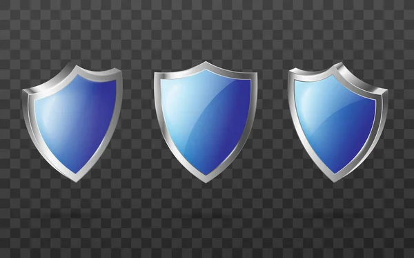 Conjunto de escudo de vidro azul com moldura de prata, sinal de segurança e proteção — Vetor de Stock