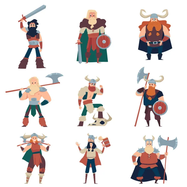 Conjunto de dibujos animados guerreros vikingos personajes vector plano ilustración aislado. — Archivo Imágenes Vectoriales
