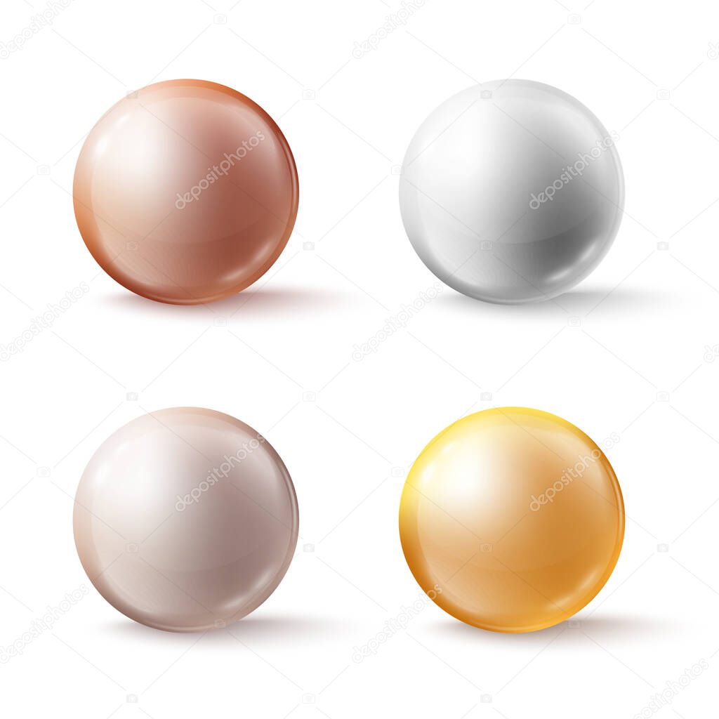 Glass color spheres, shiny circle beads or pearls with soft shadows on white.