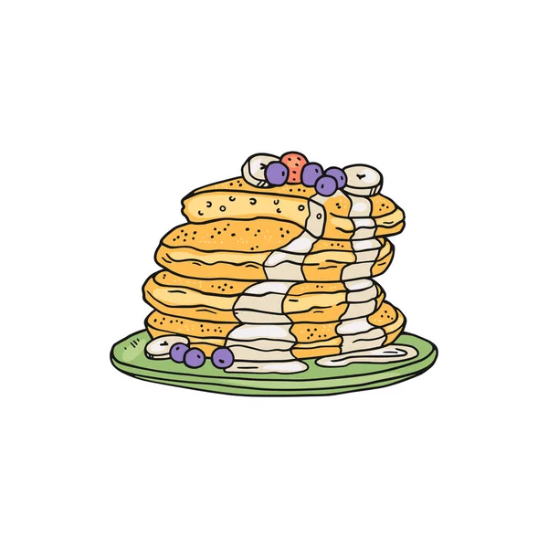 Stack of pancakes with berries on top, hand drawn vector illustration isolated. — Stock Vector