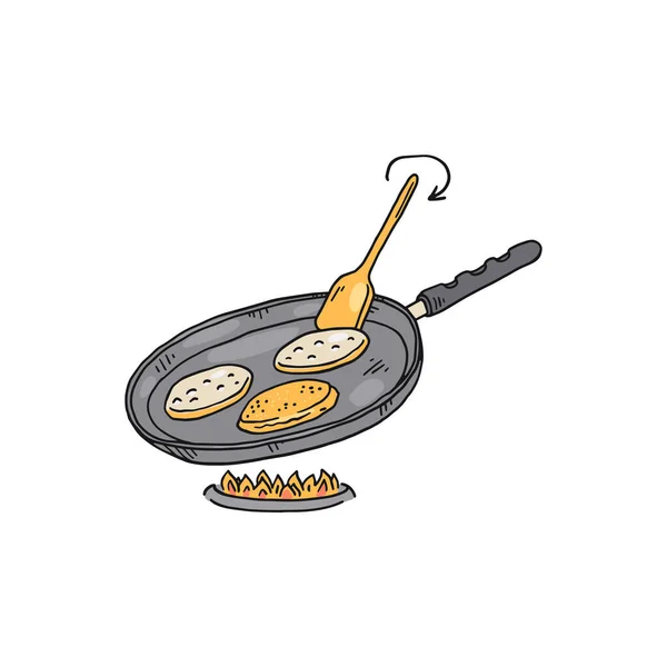 Afbeelding die laat zien hoe pannenkoeken draaien, graveren vectorillustratie geïsoleerd. — Stockvector