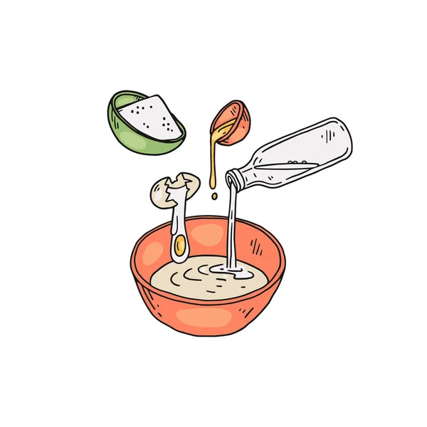 Crêpes préparation de pâte liquide, dessin à la main illustration vectorielle isolé. — Image vectorielle