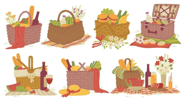 Cesti da picnic di vimini pieni di cibo fresco per pranzo una serie di illustrazioni vettoriali — Vettoriale Stock