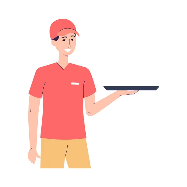 Portrait de personnage masculin travailleur de restauration rapide avec plateau à portée de main. — Image vectorielle