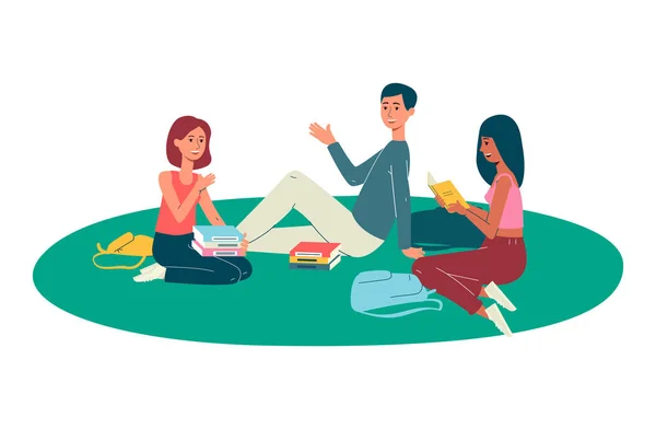 Студенты колледжа, университета или школы учащиеся с учебниками, сидящими на газоне. — стоковый вектор