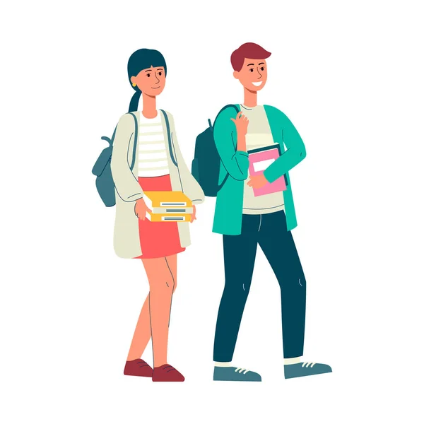 Meisje en jongen studenten cartoon personages platte vector illustratie geïsoleerd. — Stockvector