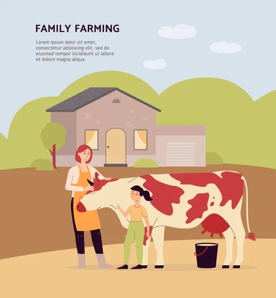 Οικογενειακή εκμετάλλευση μητέρα και κόρη που φροντίζουν αγελάδα, βοοειδή ζώα που δίνουν γάλα — Διανυσματικό Αρχείο