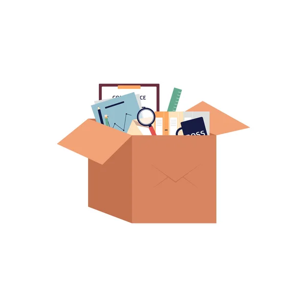 Cardboard box with stationery for moving in new office a vector illustration. — Stock Vector