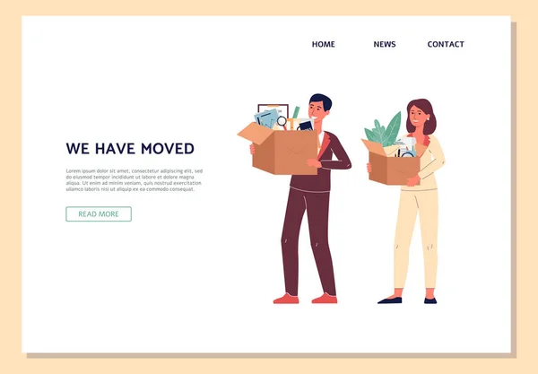 所有物を新しいオフィスに移動する人々とウェブサイト,フラットベクトルイラスト. — ストックベクタ
