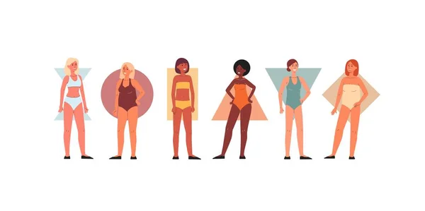 Una serie di bellissimi personaggi femminili con diversi tipi di forma del corpo — Vettoriale Stock