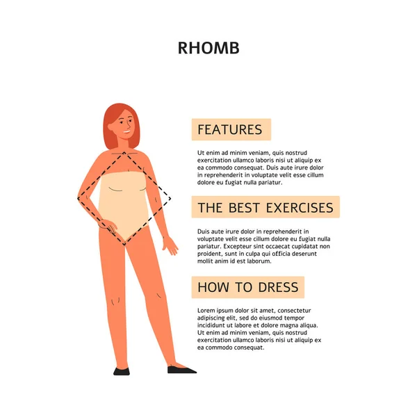 Tips voor vrouwen met ruit lichaamsvorm, platte vector illustratie geïsoleerd. — Stockvector