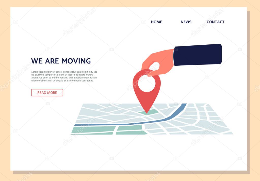 We are moving website banner with hand moving pin mark flat vector illustration.