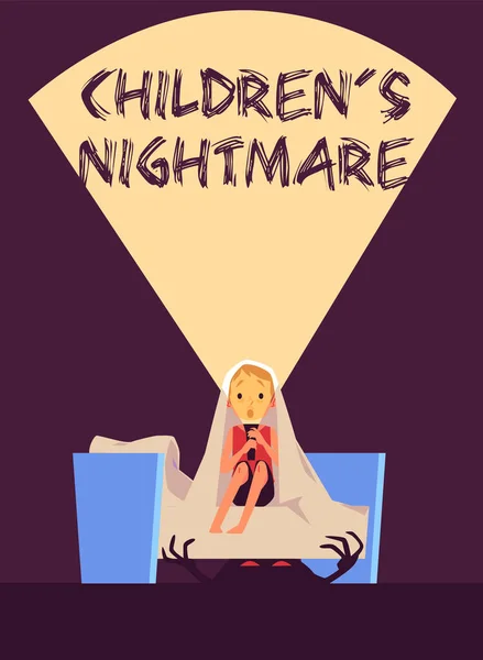 Rädd liten pojke rädd monster under sängen lider av mardrömmar, mardrömmar — Stock vektor