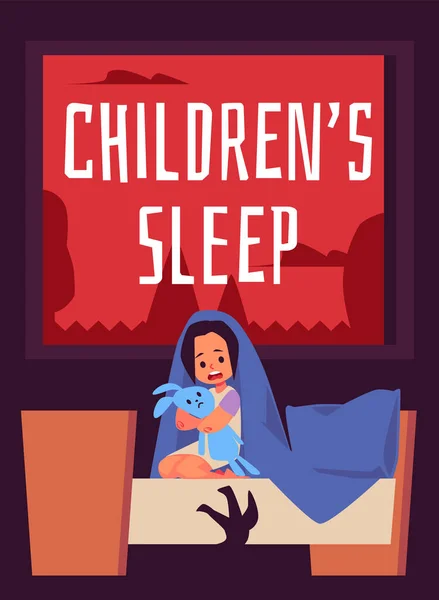 Banner del problema del sueño de los niños con ilustración plana asustada del vector del niño. — Archivo Imágenes Vectoriales