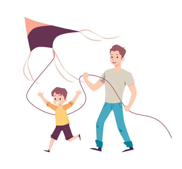 Pai feliz e filho pequeno se divertindo com voar pipa ao ar livre. — Vetor de Stock