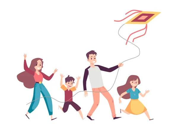 Gelukkige familie met kinderen lanceren vlieger platte vector illustratie geïsoleerd. — Stockvector